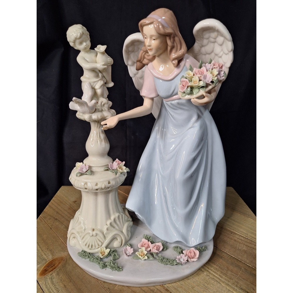 Large‎ Porcelain Angel Figurine with Cherub Birdbath and Roses Blue Gown 12 Inch